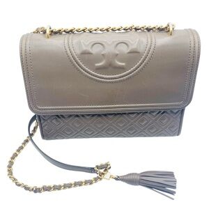 Tory Burch Fleming Convertible Shoulder Bag Crossbody Leather Gray Taupe - Read